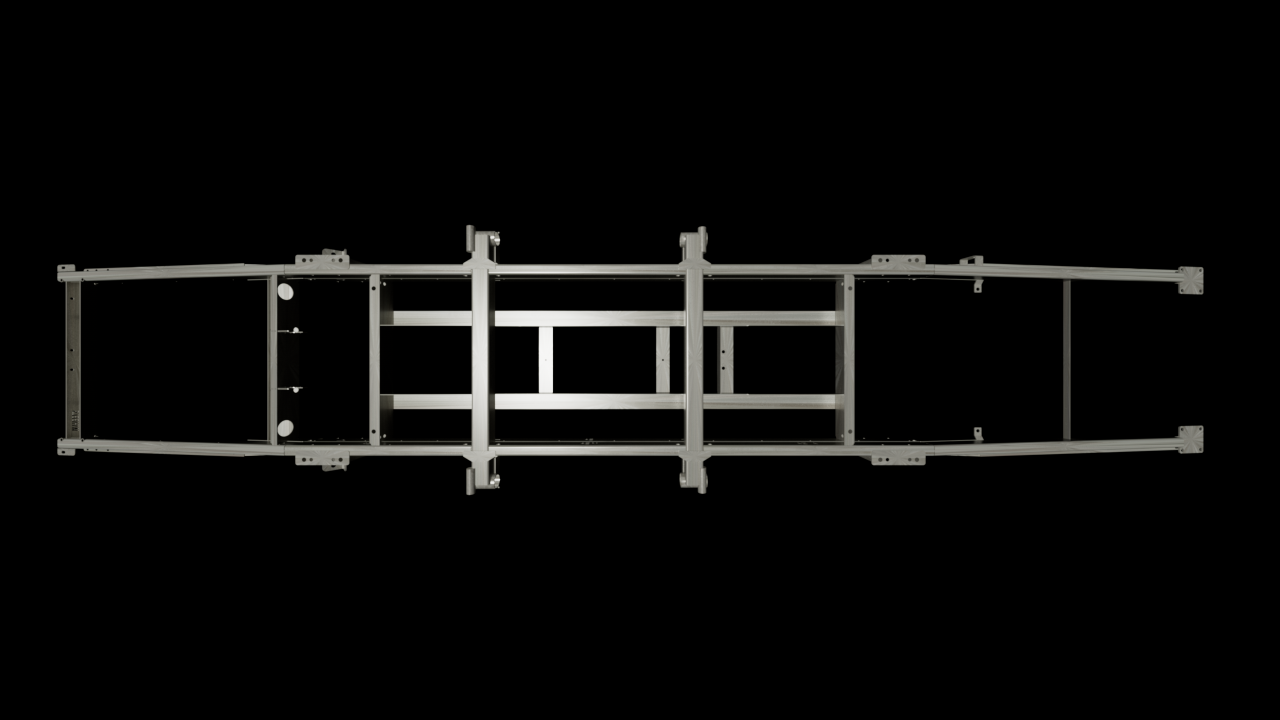 Render van het volledige chassis, van onderaf gezien