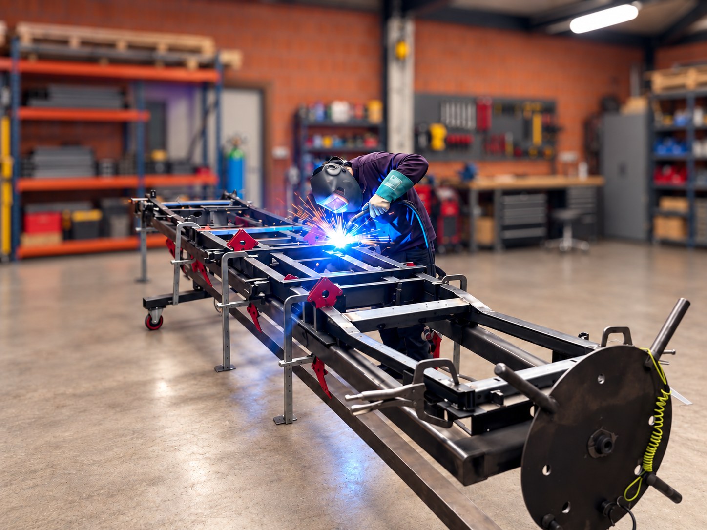 Lasser met vonken aan een chassis op de mal, met het gereedschap aan de wand op de achtergrond